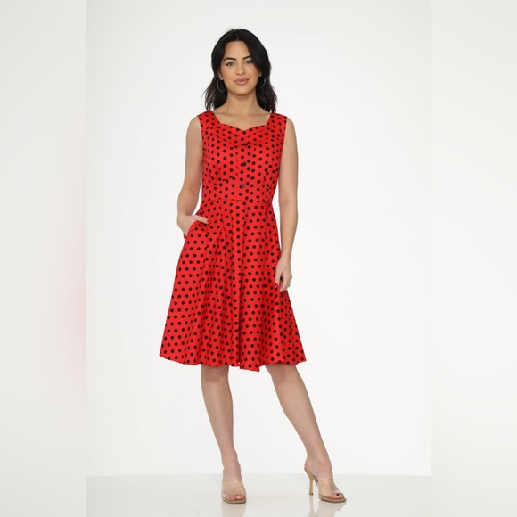 Unique Vintage Orchid Bloom 1950s Red & Black Polka Dot Fit & Flare Swing Dress - Picture 11 of 16